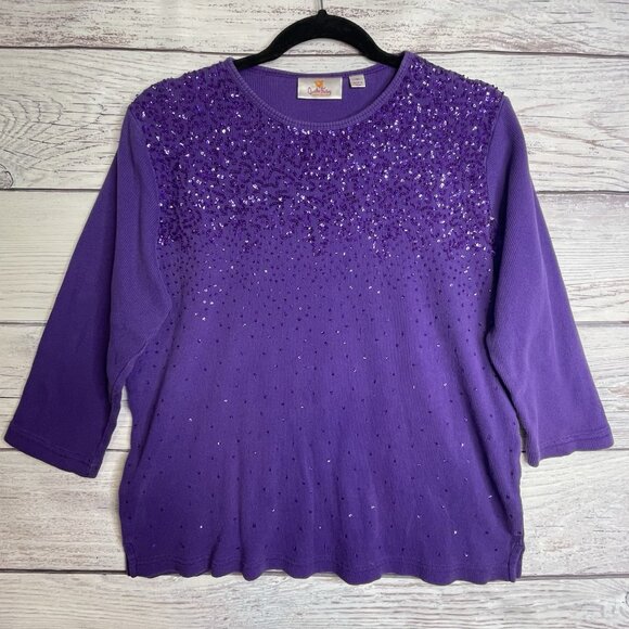 Quacker Factory Purple Ribbed Sweater Size M Sequins Knit Crew Neck 3/4 Sleeve - Picture 1 of 16